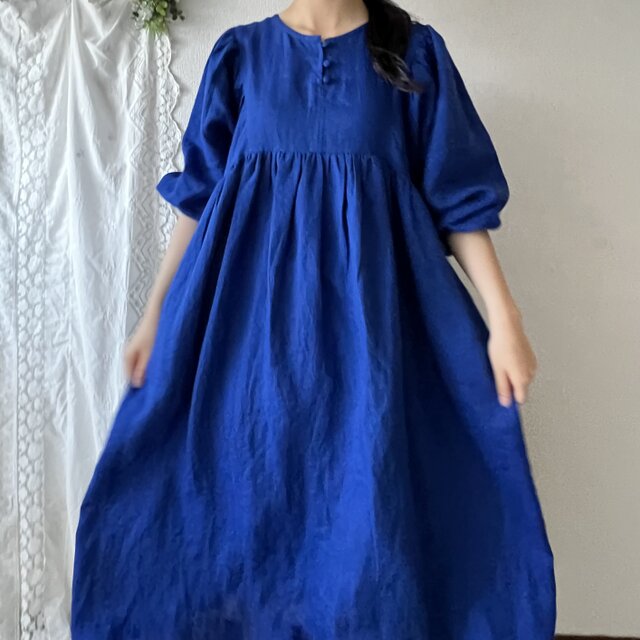 ベルギーリネン100% ヨークギャザーワンピース(青/薄パープル／赤)