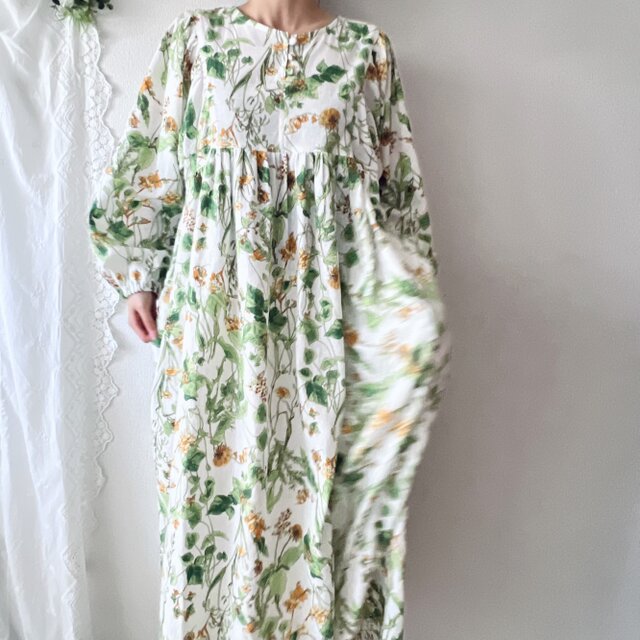 美品✨45R ボタニカル プリント ギャザー　ワンピース ストライプ　花柄 美品✨45R ボタニカル プリント ギャザー ワンピース ストライプ 花柄