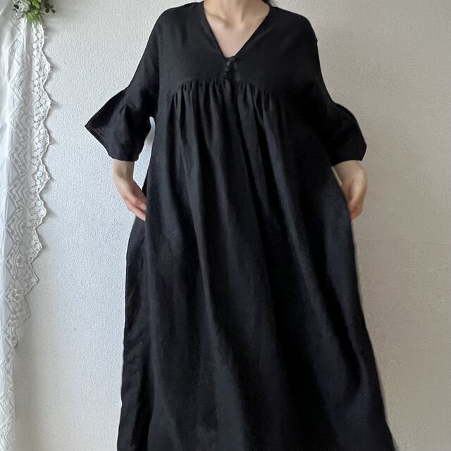 Vネックギャザーワンピース(カラシ/グレー/くすみパープル/フューシャピンク)