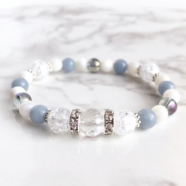 【再販7点以上】産後うつや育児の疲れを癒す水晶・クラック水晶・エンジェライト 天然石ブレスレット パワーストーンブレス No27