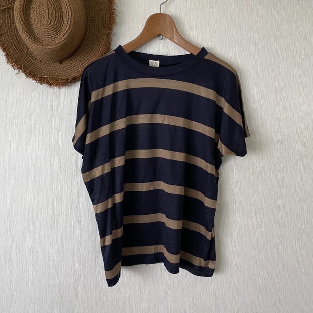 綿ボーダーカットソー　ベーシックフレンチゆったりＴシャツ　紺茶Ｍ～Ｌ