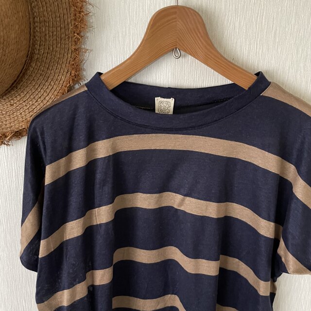 綿ボーダーカットソー ベーシックフレンチゆったりTシャツ 紺茶M～L