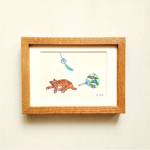 再販【原画・イラスト】「夏の午後」 ※木製額縁入り（2Lサイズ）猫の絵
