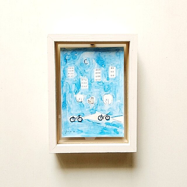 猫のイラスト｜原画「猫と三日月」※額縁入り