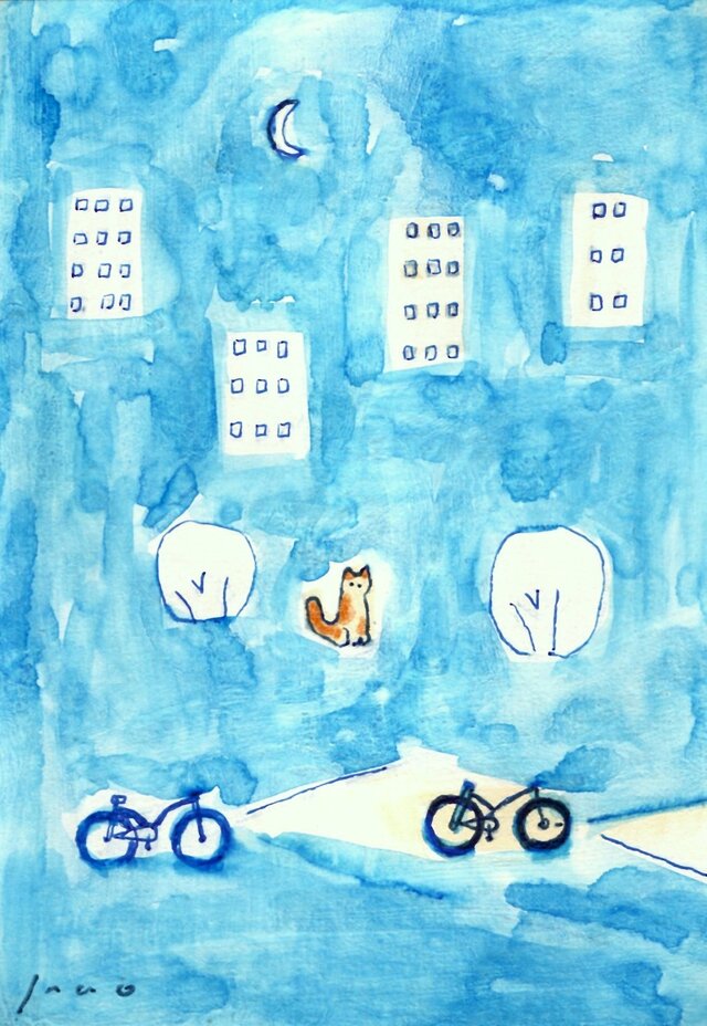 ♡たまみな♡原画 水彩画 縁側で眠る猫と小鳥 値段は※900円です 原画・イラスト】「猫と三日月」 ※木製額縁入り ・猫の絵・水彩