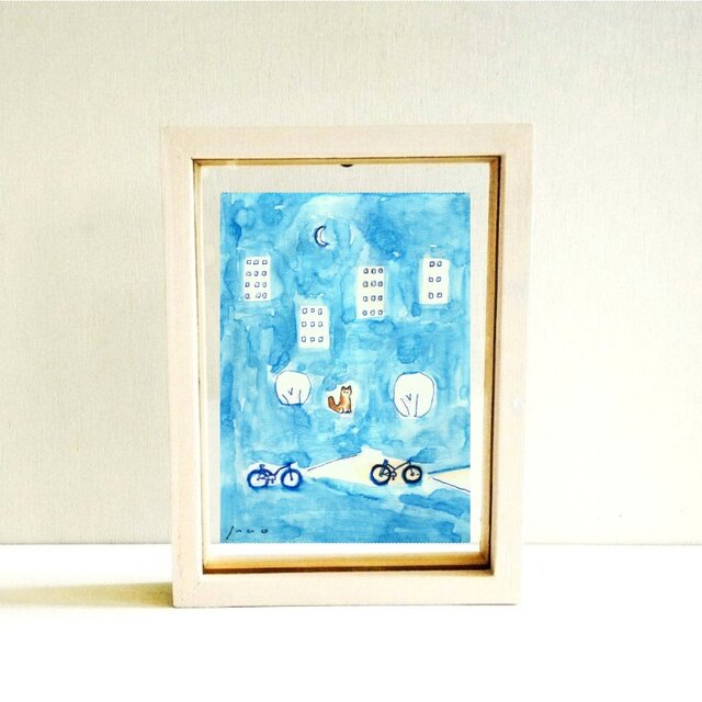 原画・イラスト】「猫と三日月」 ※木製額縁入り ・猫の絵・水彩