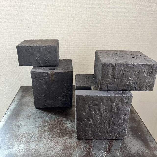 オブジェ　(花器セット)　黒釉&焼締　幾何学紋　box on box  No.1、2