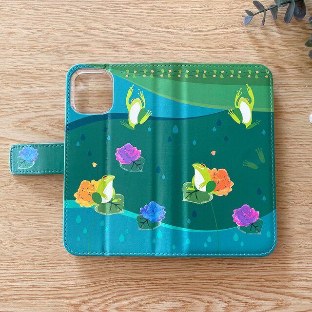 受注製作品】花とカエルのiPhoneケース《Android対応》手帳型