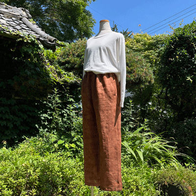 麻二重織 柿渋染めワイドパンツ25040