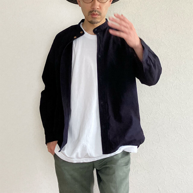 バンドカラーシャツ｜藍染木綿・昭和ヴィンテージ・未使用デッド
