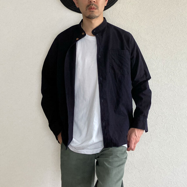 バンドカラーシャツ｜藍染木綿・昭和ヴィンテージ・未使用デッド