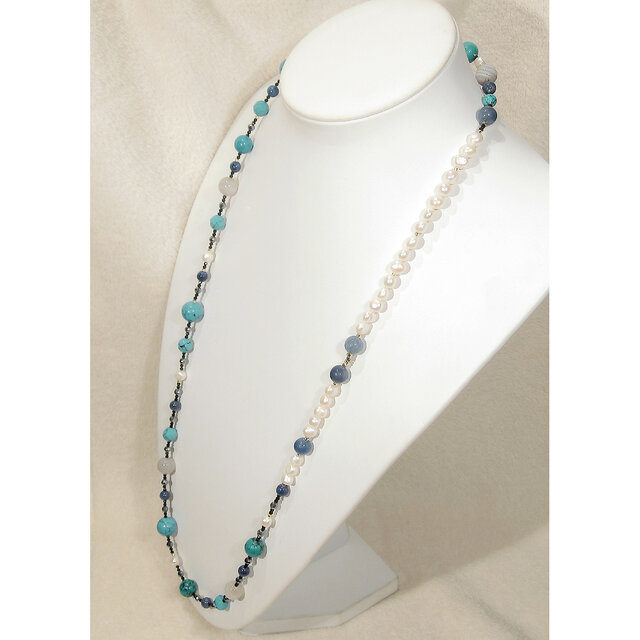 神*子様 【超ロング大珠✨️】11.5-10.5mm 約72cm本真珠 ネックレ ターコイズと本真珠、ソーダライト、ブルーレースアゲート、テラヘルツ