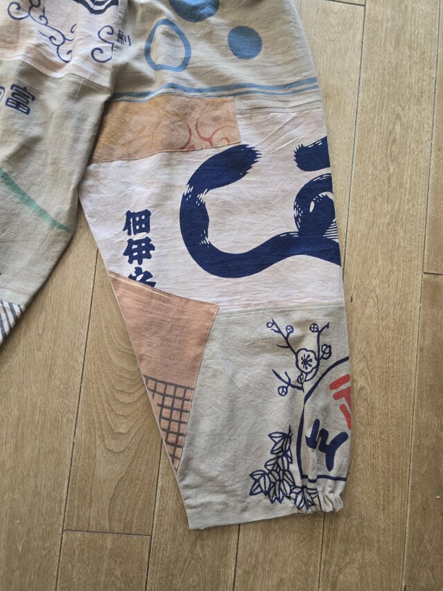 ヴィンテージ ハンドメイド 手ぬぐいリメイク ジャケット 柿渋染め 着物リメイク 柿渋染め てぬぐい パッチワーク パンツ | iichi 日々の