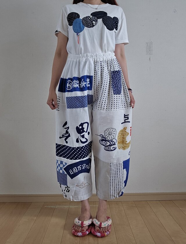 着物リメイク　てぬぐい　パッチワーク　パンツ