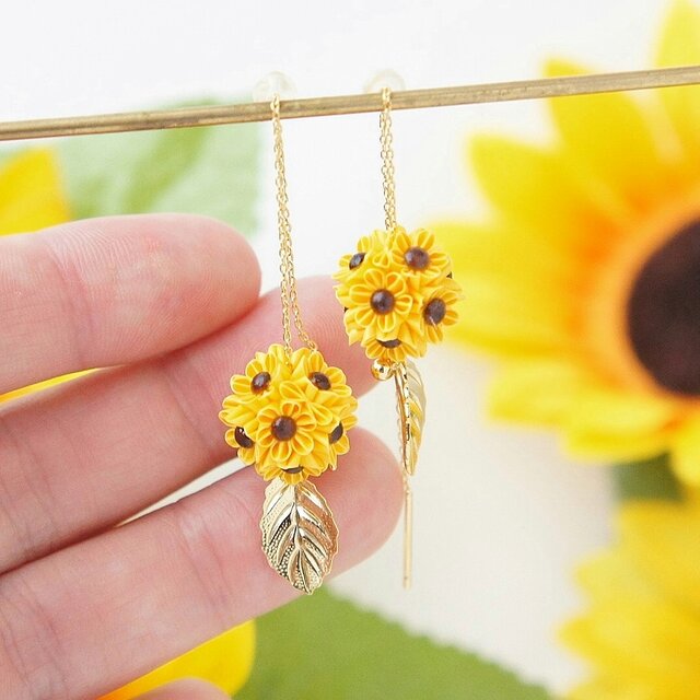 長さが変わる 「アメリカンピアス / ひまわり 」 つまみ細工 チェーンピアス 夏 浴衣 揺れる ラッピング