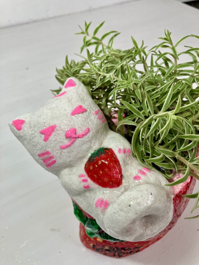 植木鉢 セメント ミニプランターサイズ白猫いちご形プランターオブジェ