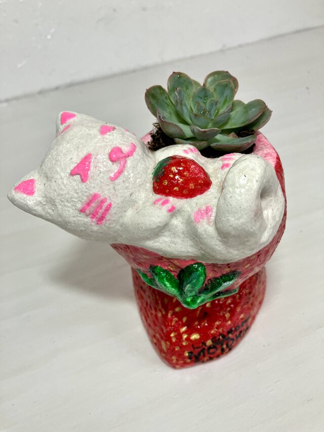 植木鉢 セメント ミニプランターサイズ白猫いちご形プランター