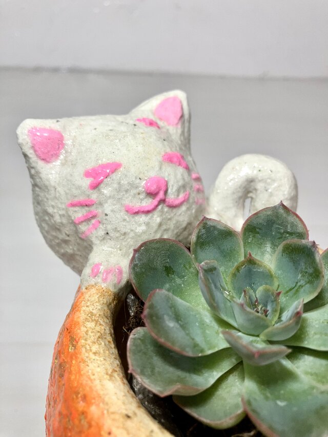 植木鉢 セメント ミニプランターサイズ白猫オレンジ形プランター