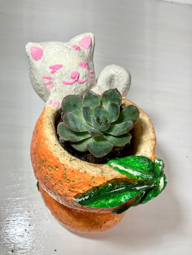 植木鉢 セメント ミニプランターサイズ白猫オレンジ形プランター