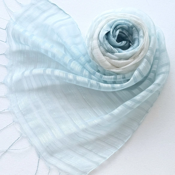 さらふわ涼やかボーダー＊青竹色×白色＊シルクレーヨンストール