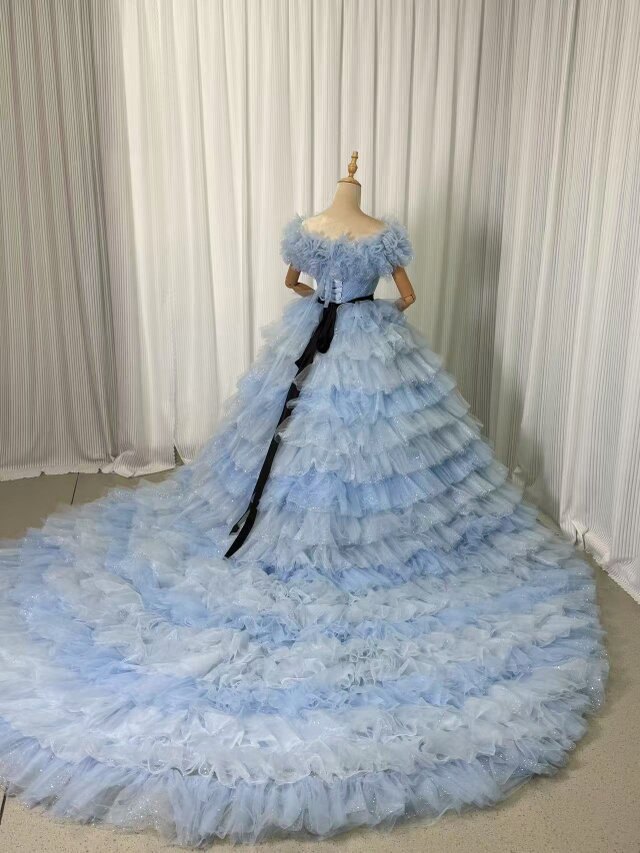 美品！カラードレス ブルー オフショルダー キラキラチュール 柔らかく