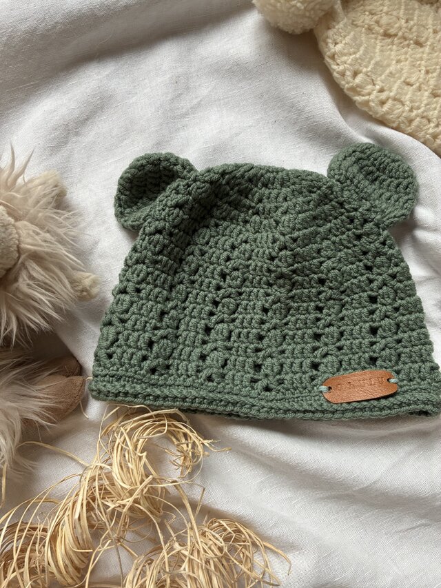 baby くまちゃんニット帽　モスグリーン