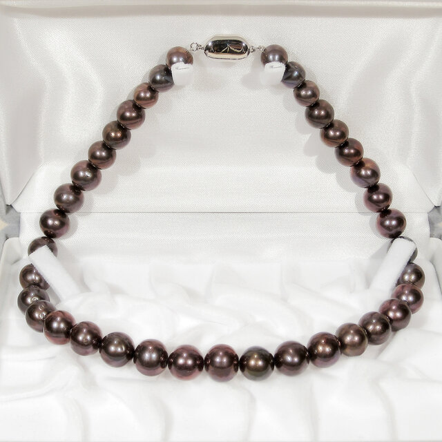 最大11.5mmの大粒本真珠とSV925のネックレス（淡水パール、美しい照り、ダークトーン、パープル、ロジウムメッキ）