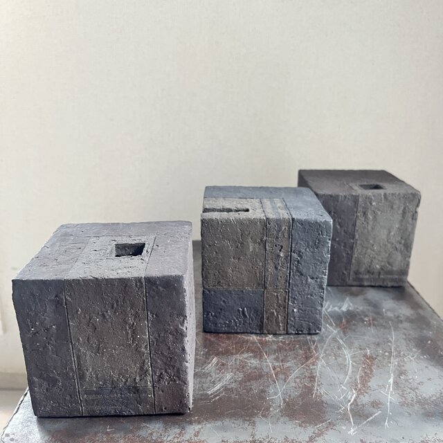 オブジェ　(花器)　黒釉&焼締　幾何学&縞紋　box No.1、2、3