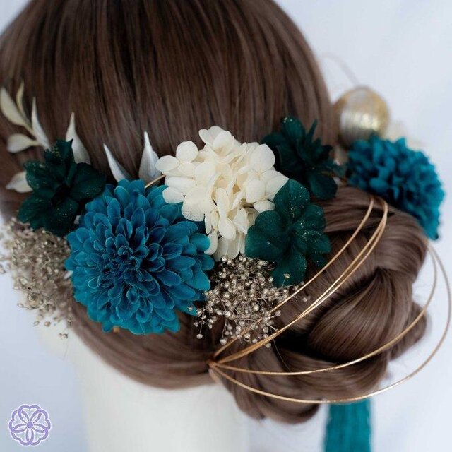 ターコイズブルーとモスグリーンの髪飾り No.063 髪飾り 成人式 卒業式