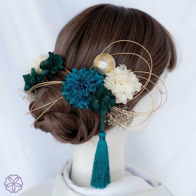 ターコイズブルーとモスグリーンの髪飾り No.063 髪飾り 成人式 卒業式