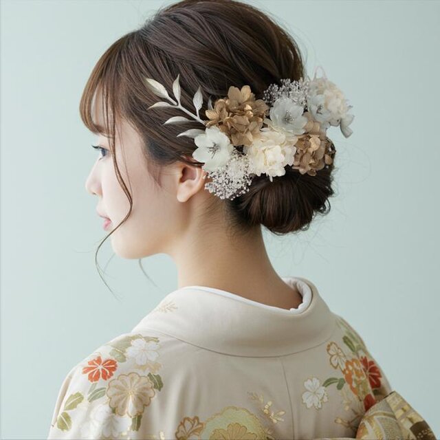 白×金　紫陽花と水引の髪飾り　No.GW02　成人式　卒業式　結婚式　成人式髪飾り　卒業式髪飾り