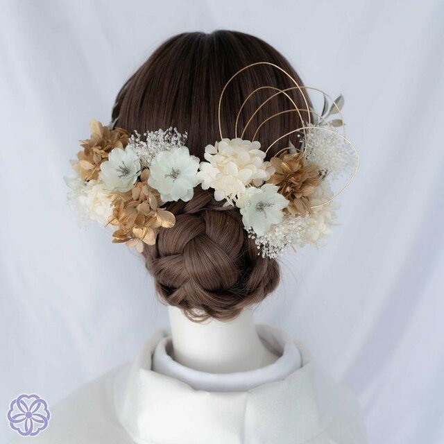 白×金 紫陽花と水引の髪飾り No.GW02 成人式 卒業式 結婚式 成人式髪