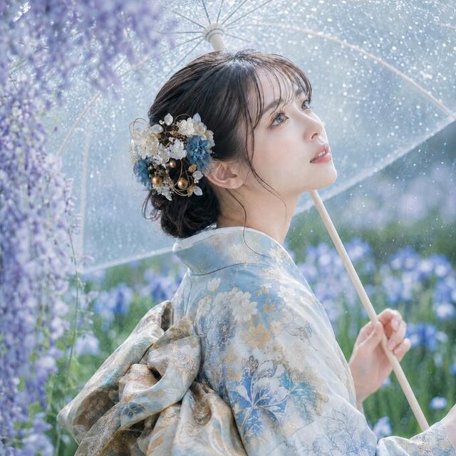 くすみブルーと小枝の髪飾り No.KB51 髪飾り 成人式 卒業式 結婚式
