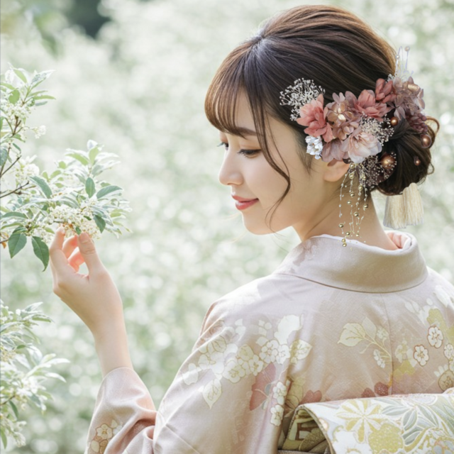 陽だまりピンクと枝垂れパールの髪飾りNo.P052 髪飾り　成人式　卒業式　結婚式　成人式髪飾り　卒業式髪飾り