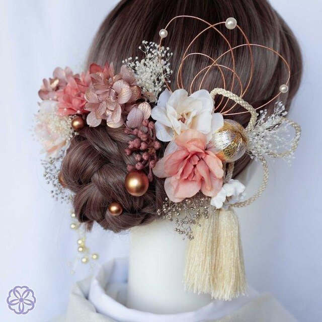 陽だまりピンクと枝垂れパールの髪飾りNo.P052 髪飾り 成人式 卒業式