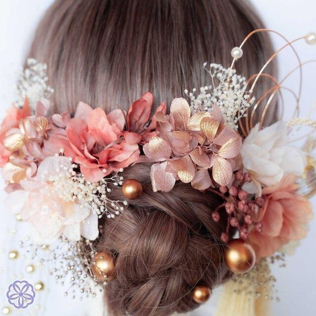陽だまりピンクと枝垂れパールの髪飾りNo.P052 髪飾り 成人式 卒業式