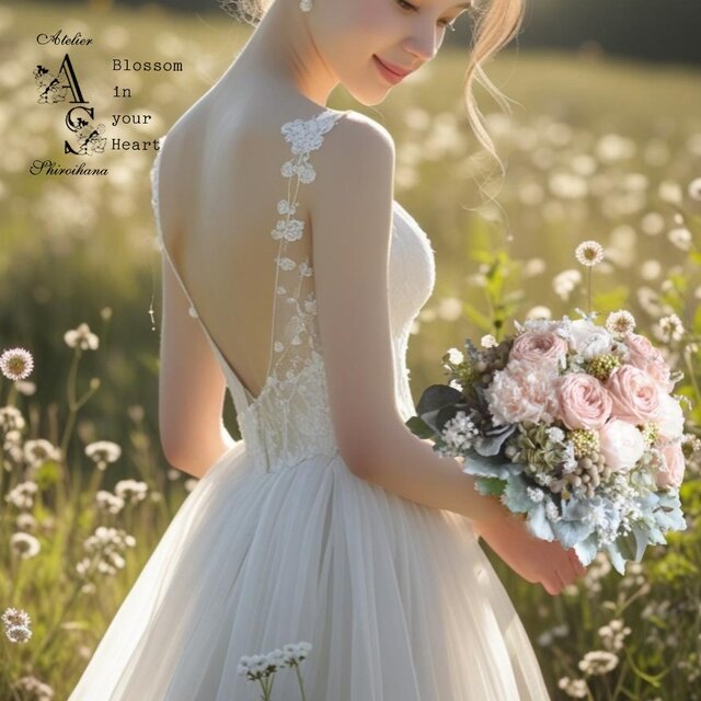 ⋆2点set⋆ パウダーピンクベージュ：クラシカルローズ・かすみ草 ラウンドブーケ⋆ブートニア