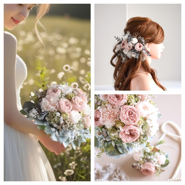 ⋆3点set⋆ パウダーピンクベージュ：クラシカルローズ・かすみ草 ラウンドブーケ⋆ブートニア・ヘッドドレス