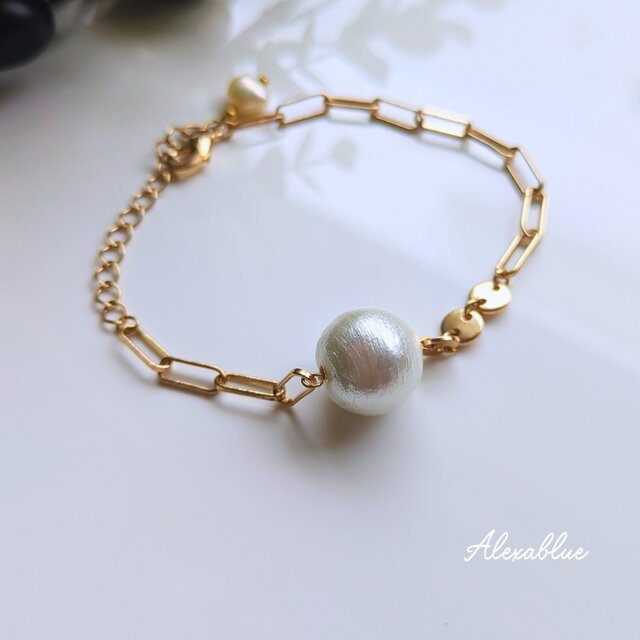1粒コットンパールブレスレット｜大きめパール 大人可愛い 華奢