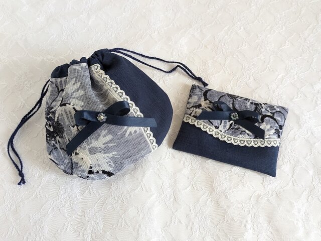 上品レースとリボンのポケットティッシュケース（ネイビー） | iichi