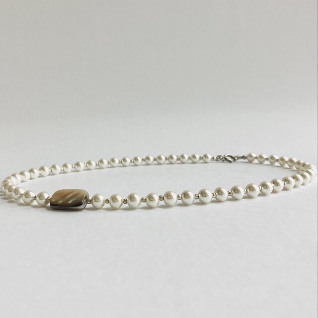 ガラスパールデザインネックレス/6mm約40cm+5cm/ホワイトクリーム/made in japan