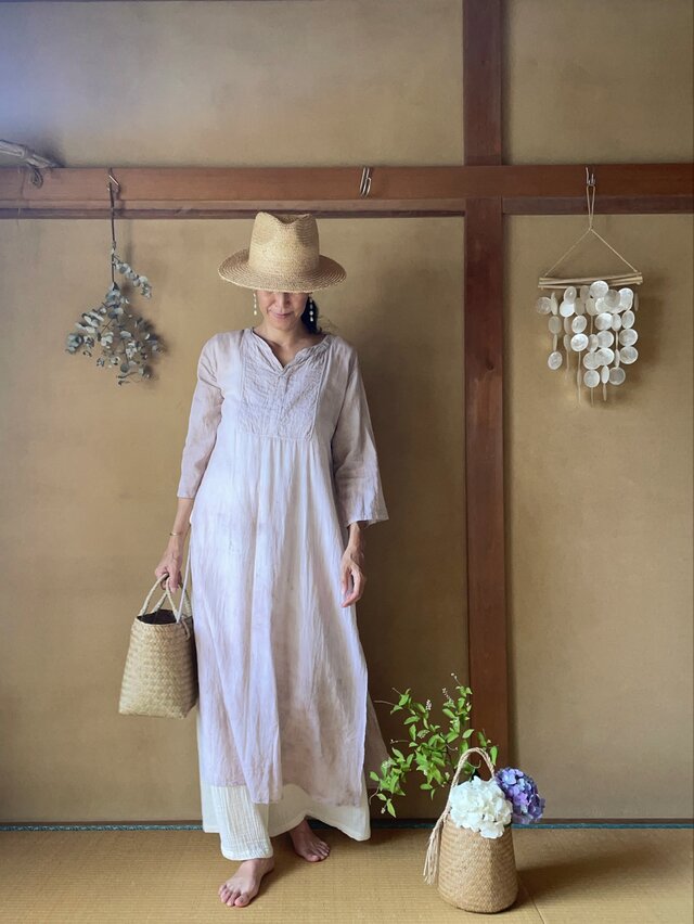 Leaf Dress Bengala dye/ ベンガラ染めロングスリットワンピース