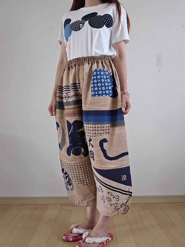 着物リメイク 手作り 柿渋染め 手ぬぐい パッチワーク パンツ
