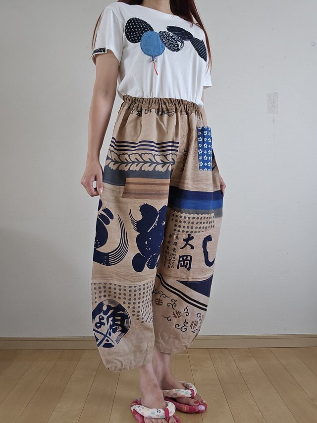 着物リメイク 手作り 柿渋染め 手ぬぐい パッチワーク パンツ | iichi