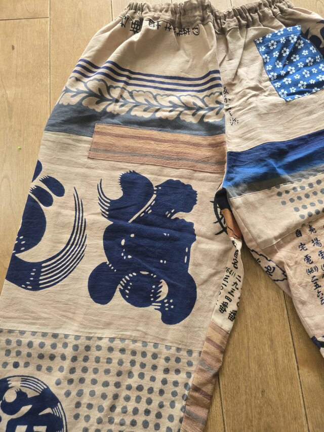 着物リメイク 手作り 柿渋染め 手ぬぐい パッチワーク パンツの