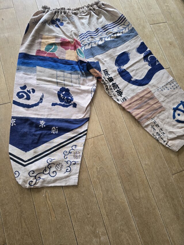 着物リメイク 手作り 柿渋染め 手ぬぐい パッチワーク パンツの