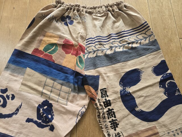 柿渋染め手ぬぐいと浴衣を使った3段ティアードパンツ　金魚　豆絞り 柿渋染め手ぬぐいと浴衣を使った3段ティアードパンツ 金魚 豆絞り