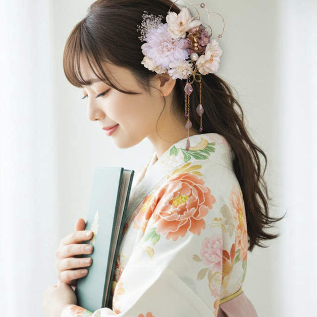 枝垂れ桜とホワイトパールの髪飾り　KP71 成人式　卒業式　結婚式　振袖　着物　和装　袴　白無垢