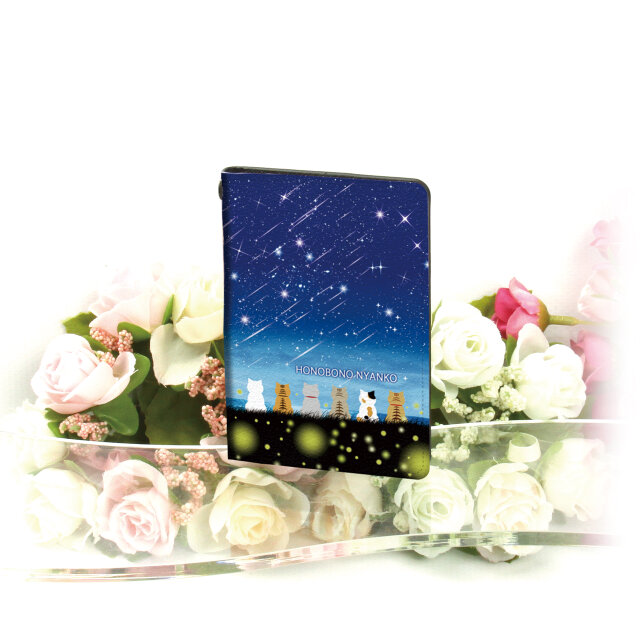 二つ折りパスケース/ICカードケース/カードケース【ほのぼのにゃんこ（流れ星と蛍火）】（名入れ可）