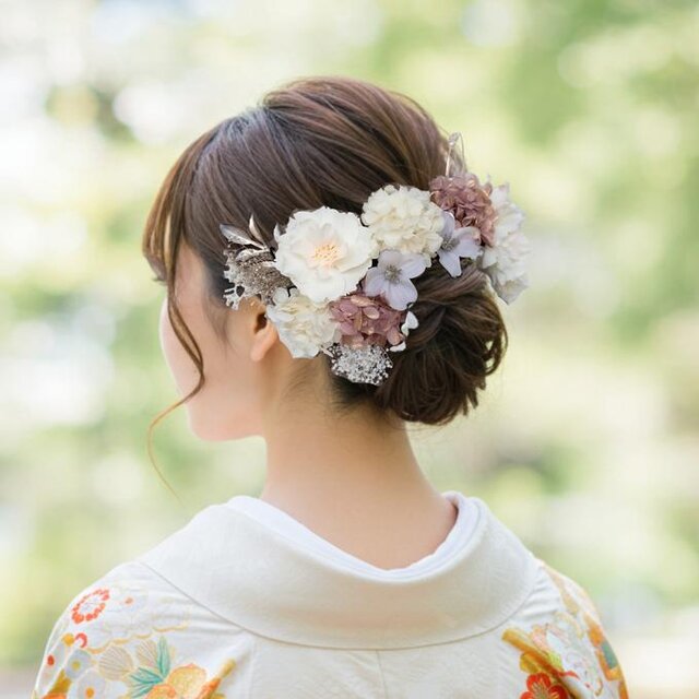桜と紫陽花の髪かざり　No.PW02　髪飾り　シャンパンピンク×ホワイト　成人式　卒業式　結婚式　成人式髪飾り　卒業式髪飾り